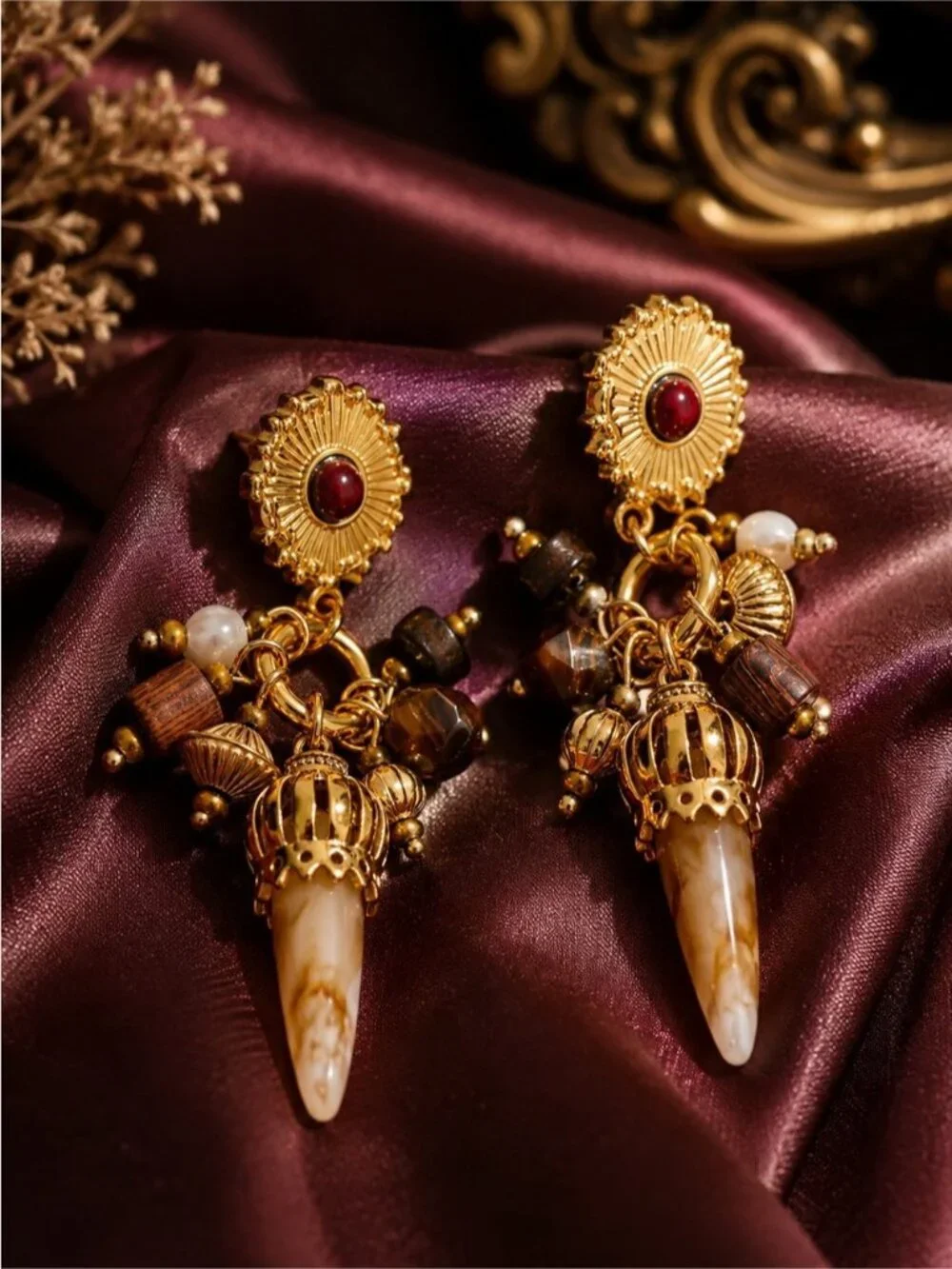 Vintage Gold Drop Earrings with Brown and Cream Accents